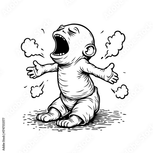 Expressive artistic rendition of a child's emotional outburst in monochrome illustration with