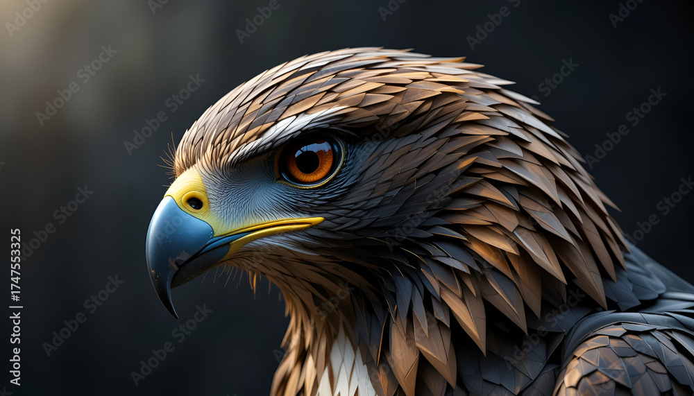 Fototapeta premium A golden eagle stares intently with a dark background and a sharp beak