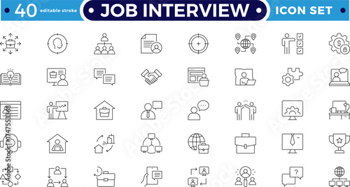 Job Interview outline icon set. Includes resume, candidate, interview, salary, contract, and employee symbols. Modern HR , hiring icons for business jobs, workforce.  Editable stroke outline icon. 