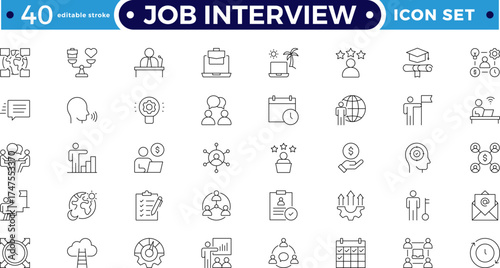 Job Interview outline icon set. Includes resume, candidate, interview, salary, contract, and employee symbols. Modern HR , hiring icons for business jobs, workforce.  Editable stroke outline icon. 
