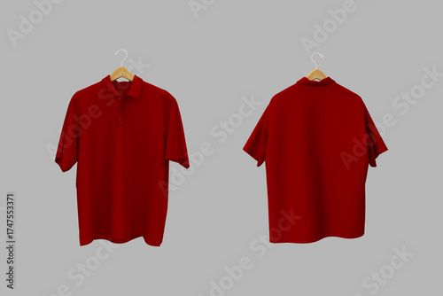 3D rendering of an oversized short sleeve polo shirt mockup for men. Realistic fabric texture, front and back view on hanger