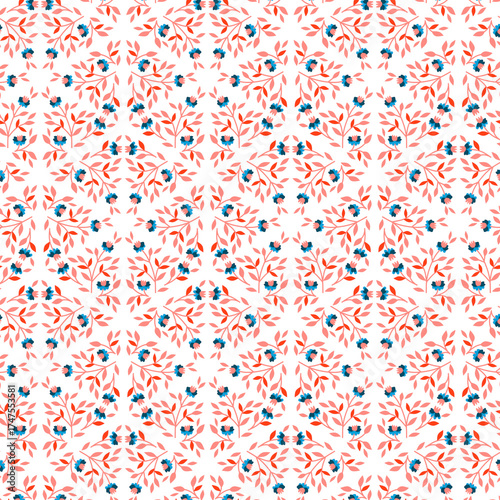 Simple small decorative flowers on a white background Small floral, botanical pattern in pink, peach, red, and blue tones Oriental style