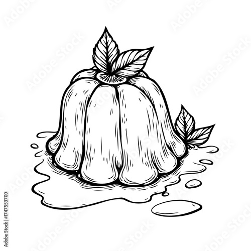 Hand drawn artistic pudding illustration adorned with botanical elements and fluid syrup details