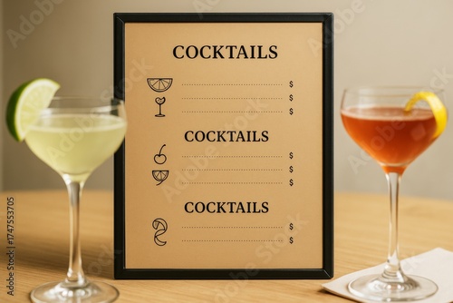 Cocktail menu display with two stylish drinks in elegant glasses beside a beige framed sign on a wooden table in warm light background. Ai generative