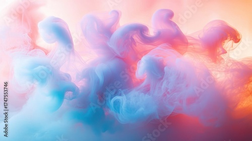 Abstract swirling clouds of blue and pink mist blending together creating a soft dreamy atmosphere with smooth flowing shapes and light gradients