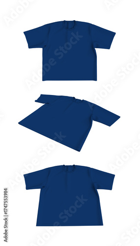 3D rendering of oversized short sleeve crew neck t-shirt mockup. Flat lay tabletop view showing front and side angle