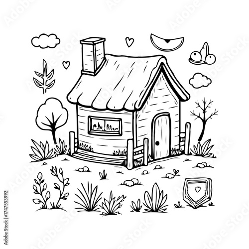 Hand drawn cozy cottage in a whimsical garden, a simple illustration of a peaceful dwelling and