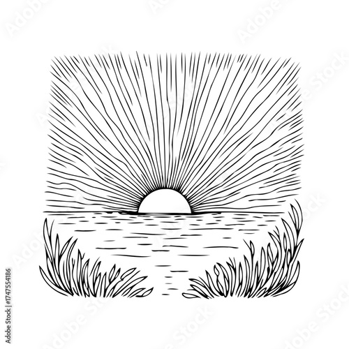 Hand drawn illustration depicting serene sunrise over calm waters with grassy shores and sunrays