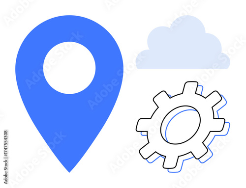 Blue location pin, cloud shape, and gear symbolizing geolocation, cloud technology, settings, process optimization, software tools, connectivity, and automation in a simple flat metaphor