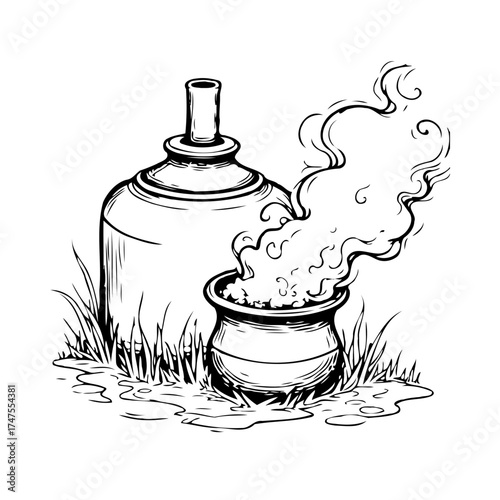 Hand drawn mystical elixir illustration with bubbling cauldron and glass bottle on grass design