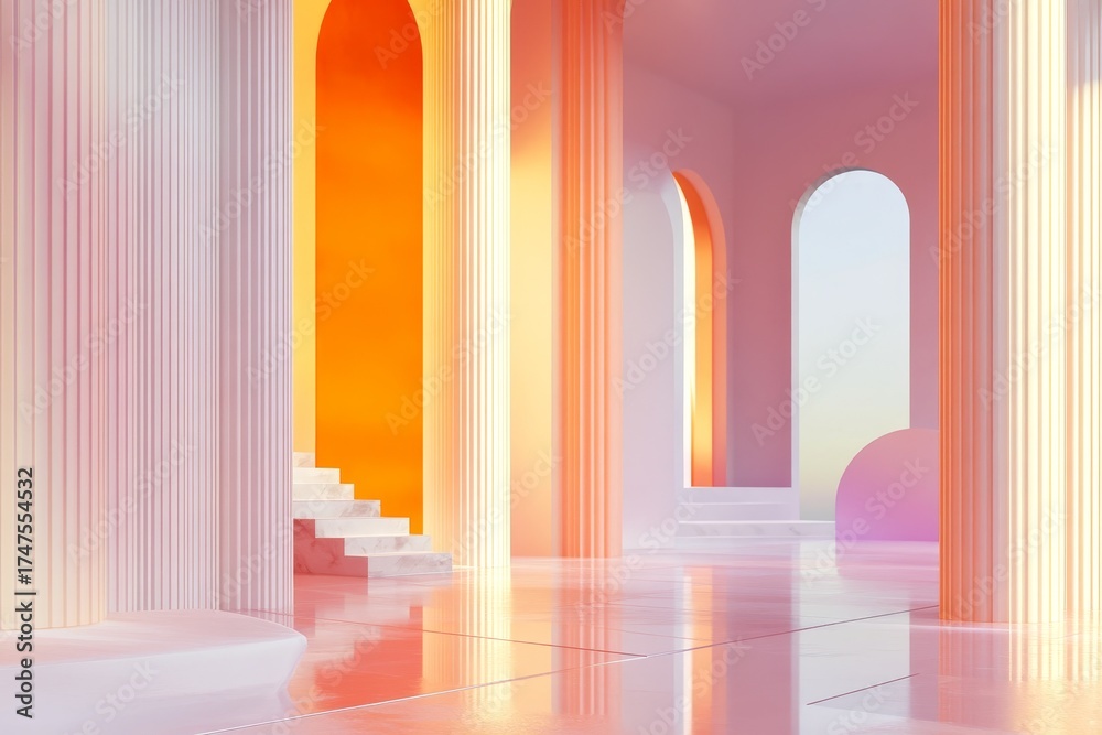 Fototapeta premium A serene, minimalist interior space, highlighted by warm, vibrant colors and architectural details, creates a tranquil and inviting atmosphere.