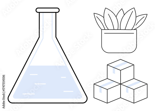 Flask with liquid, potted plant, and ice cubes symbolizing scientific research, sustainability, innovation, and natural resources exploration. Ideal for chemistry, eco-friendly technology, education