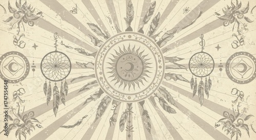 Dreamcatcher, sun, feathers, and floral elements on a vintage textured background
