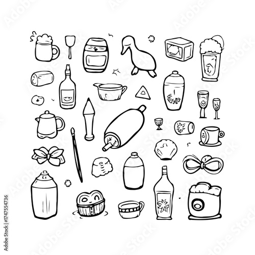 Hand-Drawn Outlines of Various Household Objects and Decorative Items Arranged in an Artistic