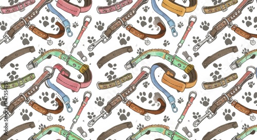 Colorful dog collars and leashes pattern design
