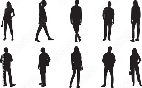 Black vector silhouettes of business people walking, standing, and meeting in a suit, symbolizing success and teamwork