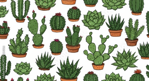 Hand-drawn cactus and succulent pattern with terracotta pots on white background
