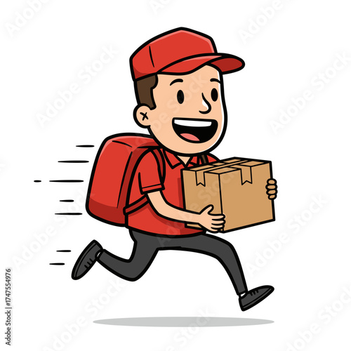 Smiling delivery person in red cap and shirt runs with brown package in both hands, wearing red backpack and black pants, energetic pose on white background.
