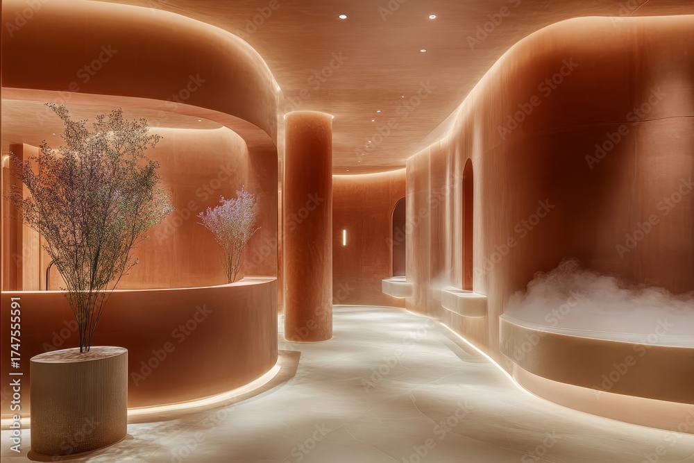 Fototapeta premium A modern spa or wellness center's interior design features warm peachy-orange hues, smooth curved walls, and soft lighting, creating a calming and inviting atmosphere.