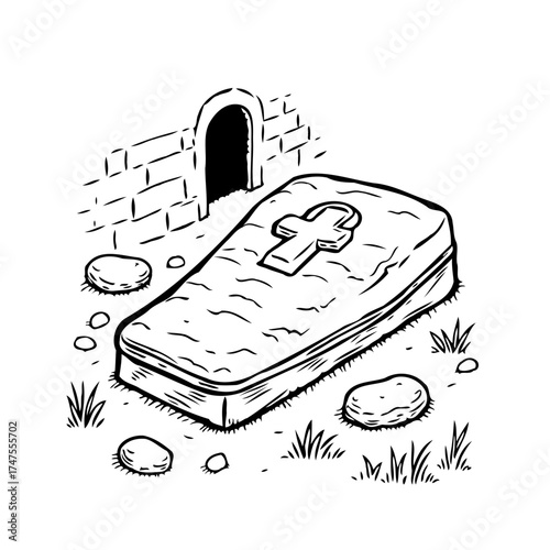 Ink drawing of a tombstone marking a resting place alongside a brick structure and simple