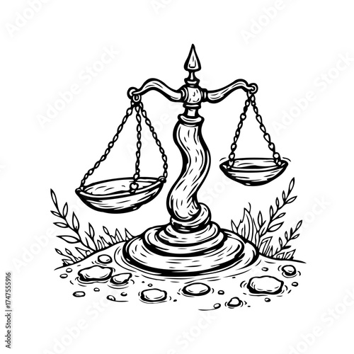 Intricate balance scale illustration: A representation of equilibrium standing amidst natural