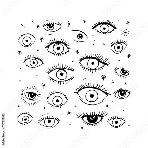 Intricate eye patterns with stars evoking surrealism, spirituality and perception to inspire