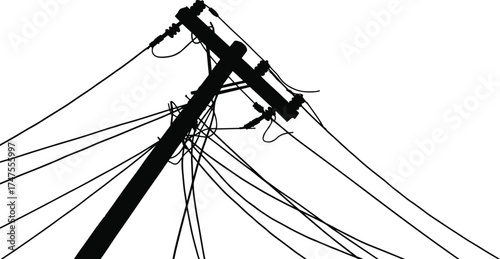 Leaning electric utility pole with power cables and wires, black and white vector illustration representing energy transmission, infrastructure, and urban connection system.