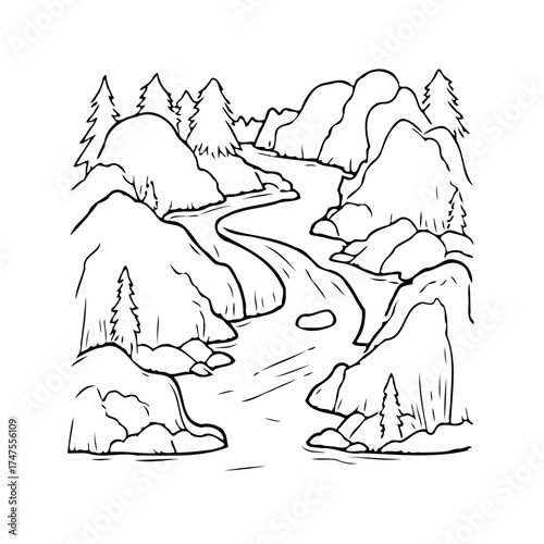 Intricate line drawing reveals meandering river among forested mountains ideal for coloring and