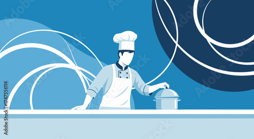 Modern Chef Preparing Culinary Dish With Abstract Background In A Minimalistic Stylization