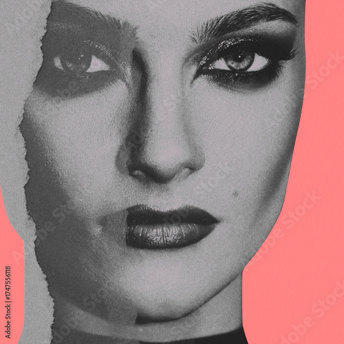 Fine art collage illustration of beautiful woman. Model portrait is in black and white color. Girl looking at camera. Pink background. Grunge and noise effect applied. Retro vintage style
