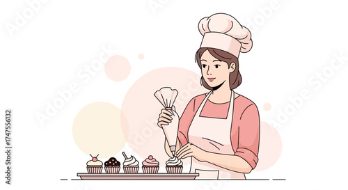 Pastry Chef Decorating Cupcakes With Skills And Artistic Precision Illustrating Sweetness