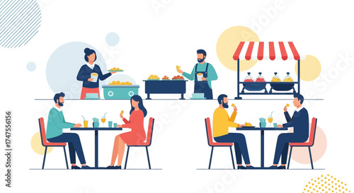 Modern Illustration Depicts People Eating at Various Food Stalls and Dining Tables