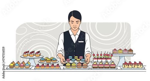 Pastry Chef Showcasing Exquisite Sweets and Desserts in a Culinary Display