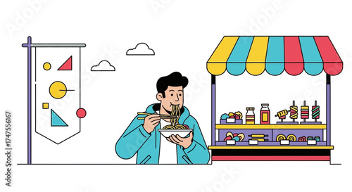 Modern Illustration Of Person Eating Noodles at a Street Food Stall with Minimalist Design