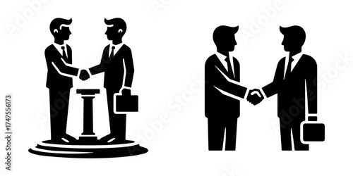 Modern Minimalist Men Shaking Hands Icon, Flat Silhouette of a Business Agreement Vector for Partnership Illustration Design