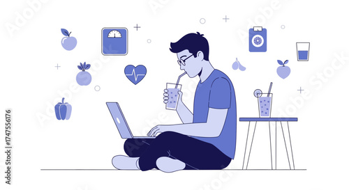 Modern Illustration Shows Person Working, Drinking Health Drink, And Maintaining Wellness