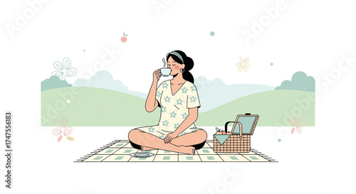 Peaceful Afternoon: Woman Drinking Tea During Picnic in Serene Outdoors Setting