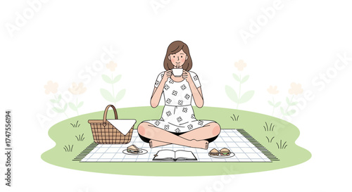 Peaceful Afternoon Picnic Enjoyed By a Relaxed Woman Sipping From a Cup Outdoors