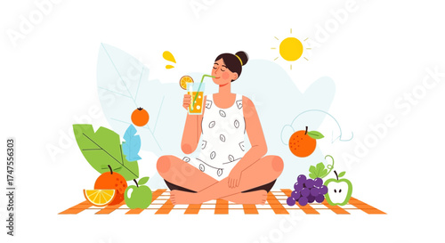 Peaceful Lady Enjoying Fresh Juice Amongst Fruits Creating a Happy, Vibrant Illustration