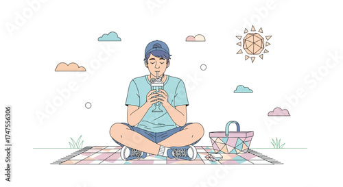 Peaceful Moment: Young Person Savoring Drink On Picnic Blanket During Sunny Day