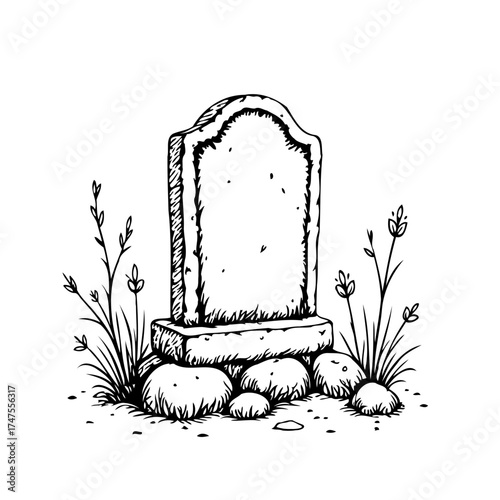 Isolated tombstone artwork amidst wild plants evoking solitude remembrance past memories and
