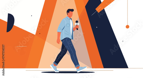 Modern Reporter Walking Confidently, Holding Microphone, Animated Illustration Abstract Background