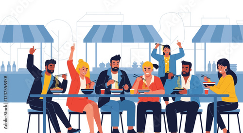People enjoy eating noodles at a restaurant together, celebrating happiness and friendship