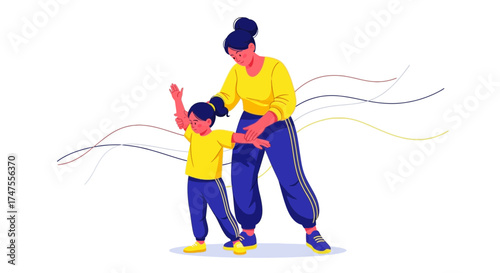 Mother Guiding Child To Walk, Promoting Early Development, Vector Illustration Design