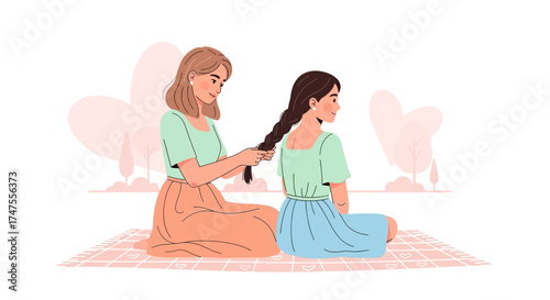 Mother Braiding Daughter's Hair Outdoors Peaceful Scene of Friendship and Love