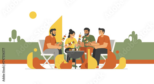 People Enjoying Barbecue At A Picnic, Gathering Together And Having Fun Outside