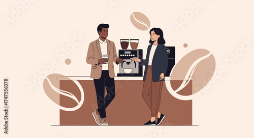 People Enjoying Coffee and Conversation near a Modern Coffee Machine - Illustration