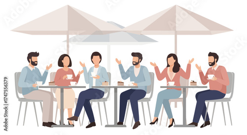 People enjoying coffee and pastries at a cafe table under outdoor sun umbrellas