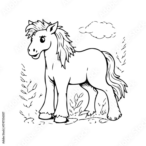 Line art depiction of a stylized foal grazing in a whimsical landscape under fluffy clouds and