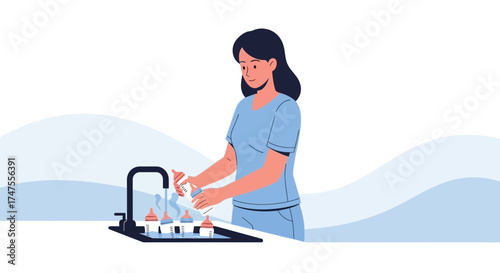 Mother Sanitizing Baby Bottles With Water, Illustrating Hygiene And Cleanliness in Everyday Life